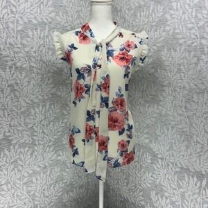 Euro Summer Floral Tie Neck Blouse Womens XL Ruffle Sleeve Romantic Cottage Chic